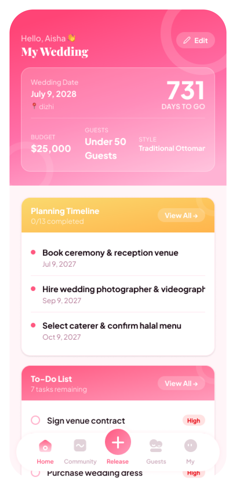 Soren wedding planning dashboard